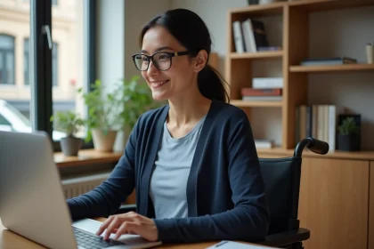 Femme en fauteuil roulant travaillant en télétravail depuis son bureau à domicile adapté