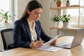 Femme indépendante consultant un template de devis imprimé dans un bureau moderne à domicile