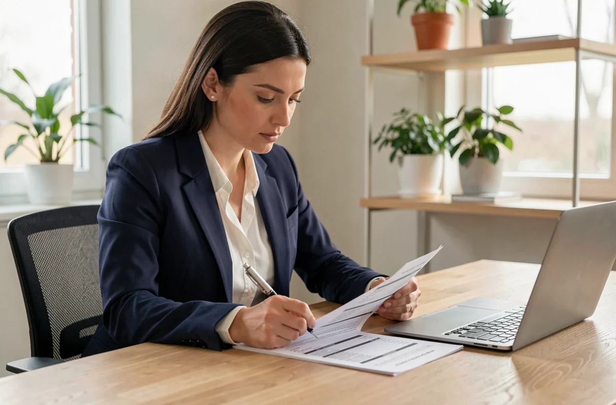 Femme indépendante consultant un template de devis imprimé dans un bureau moderne à domicile