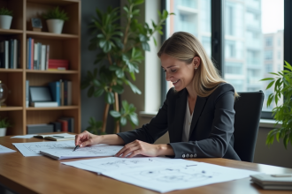Femme en bureau examinant des croquis d'invention