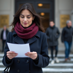 Femme d'âge moyen lisant un document devant un bâtiment gouvernemental à Montreal