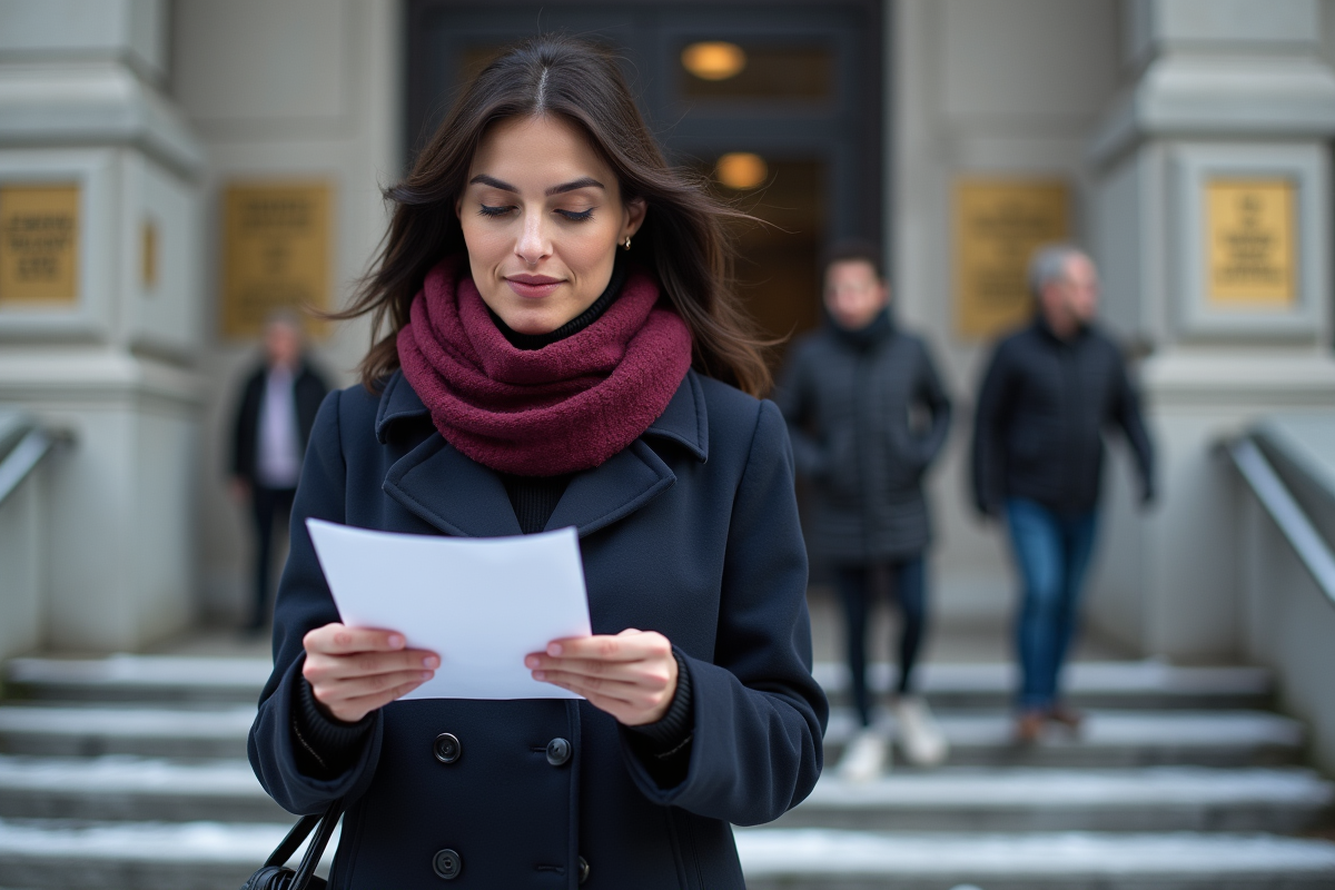 Femme d'âge moyen lisant un document devant un bâtiment gouvernemental à Montreal