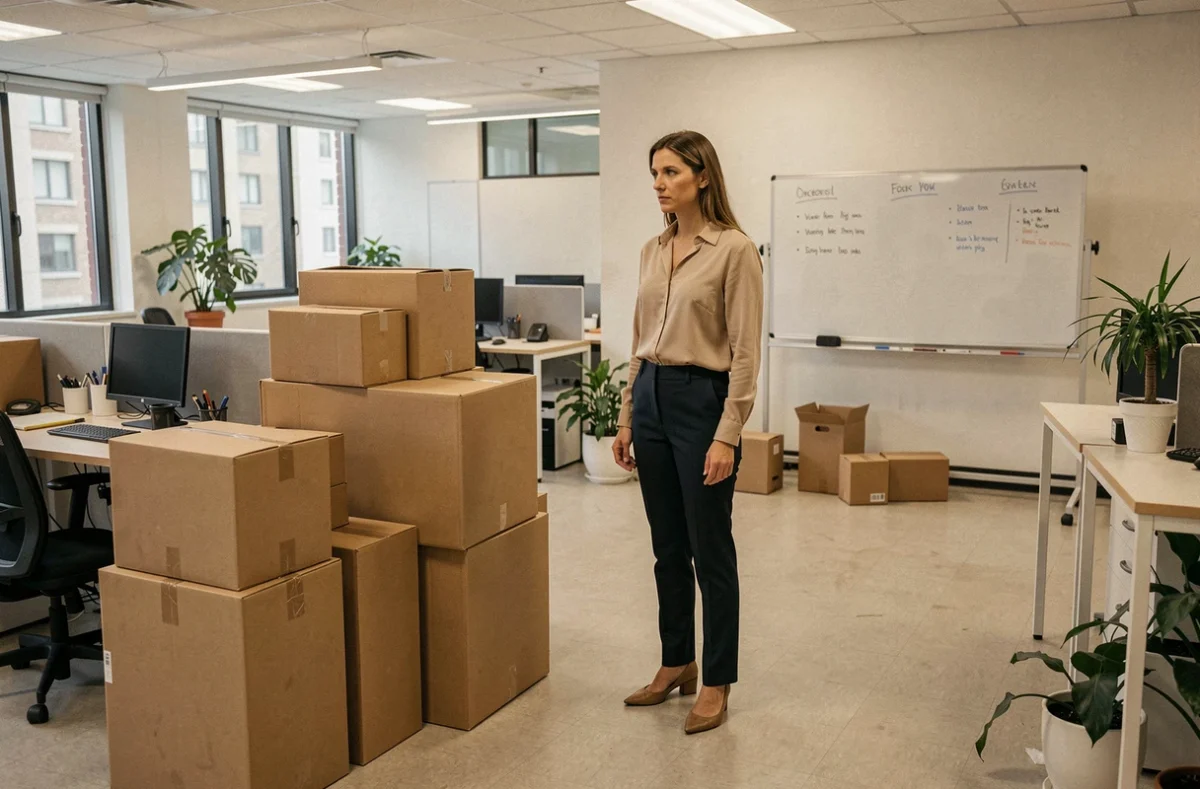 Femme cadre face à des cartons de déménagement dans un bureau vidé après un licenciement pour refus de mutation