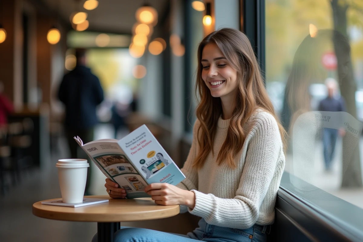 Jeune femme souriante lisant une brochure dans un café