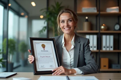 Femme d affaires française fière avec médaille en bureau