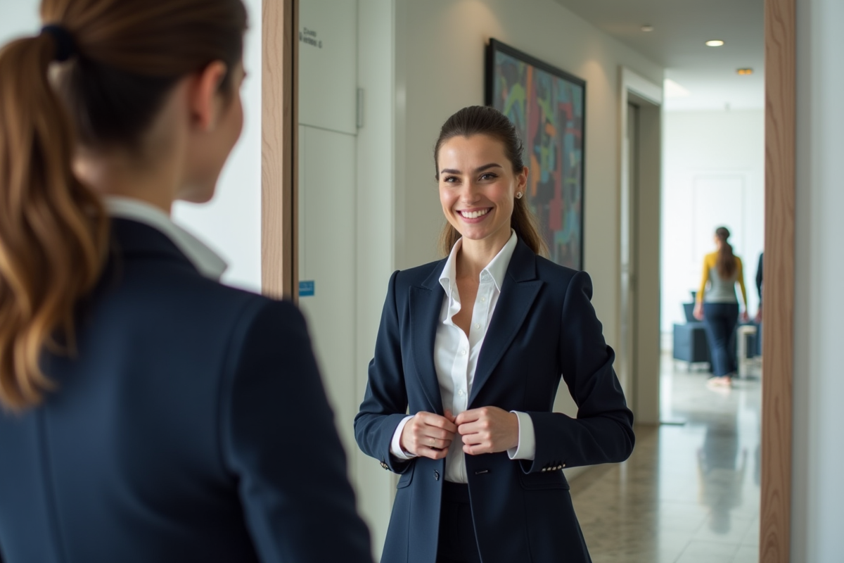 Jeune femme en blazer dans un hall d