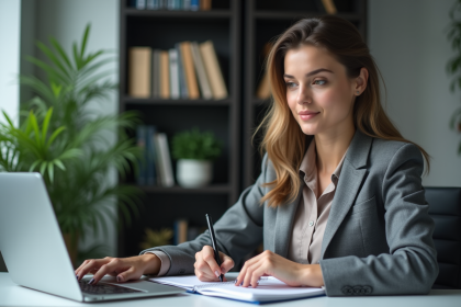 Jeune femme en blazer travaillant sur son ordinateur dans un bureau moderne