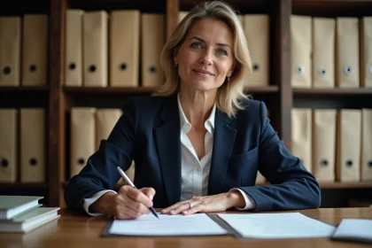 Femme professionnelle rédigeant une lettre recommandée avec accusé de réception à son bureau