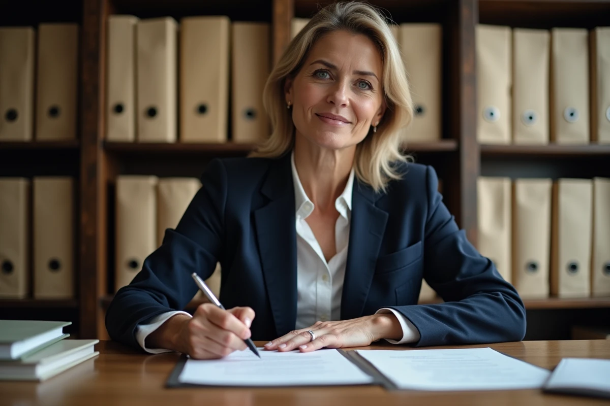 Femme professionnelle rédigeant une lettre recommandée avec accusé de réception à son bureau