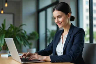 Femme professionnelle rédigeant un post LinkedIn structuré sur son ordinateur portable dans un bureau moderne