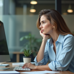 Femme réfléchie au bureau dans un environnement moderne