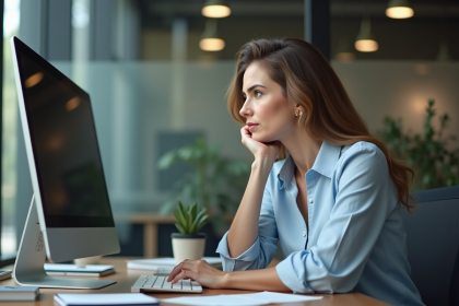 Femme réfléchie au bureau dans un environnement moderne