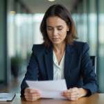 Femme en blazer navy tenant une lettre de promotion