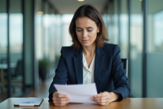 Femme en blazer navy tenant une lettre de promotion