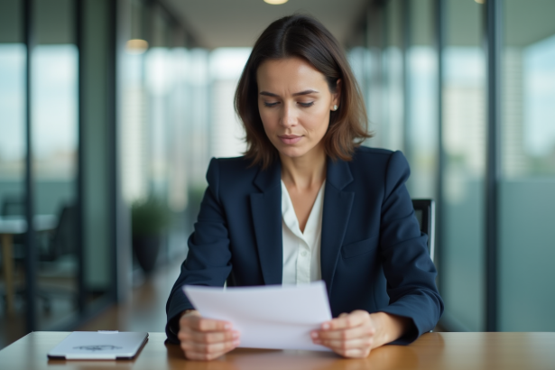 Femme en blazer navy tenant une lettre de promotion