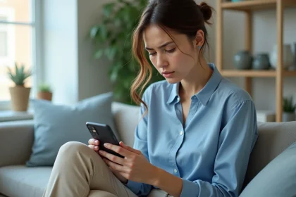 Jeune femme concentrée sur son smartphone dans un salon moderne