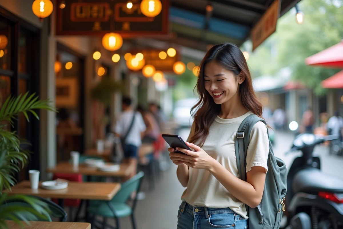 Femme souriante dans un café de Chiang Mai avec son smartphone