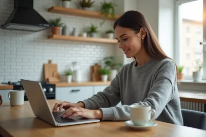 Femme en télétravail consultant ses documents RH sur MyPeopleDoc depuis son domicile