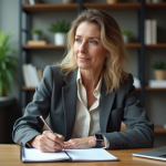 Femme en blazer prenant des notes dans un bureau professionnel