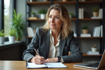 Femme en blazer prenant des notes dans un bureau professionnel