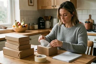 Femme travaillant à domicile en emballant des boîtes en carton dans sa cuisine, illustration d'un travail d'emballage à domicile légal et organisé