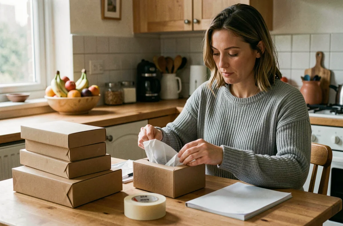 Femme travaillant à domicile en emballant des boîtes en carton dans sa cuisine, illustration d'un travail d'emballage à domicile légal et organisé