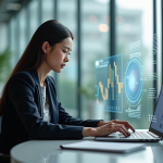 Jeune femme en bureau collaborant avec interface IA