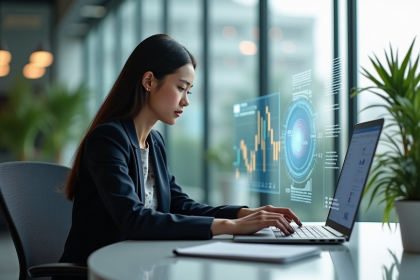 Jeune femme en bureau collaborant avec interface IA