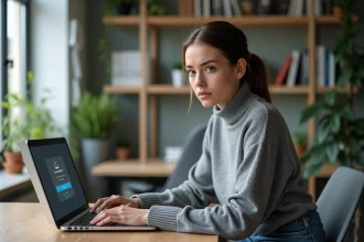 Jeune femme concentrée devant son ordinateur à la maison