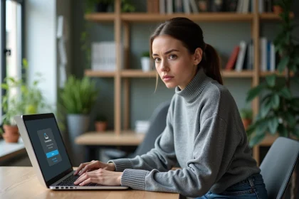 Jeune femme concentrée devant son ordinateur à la maison