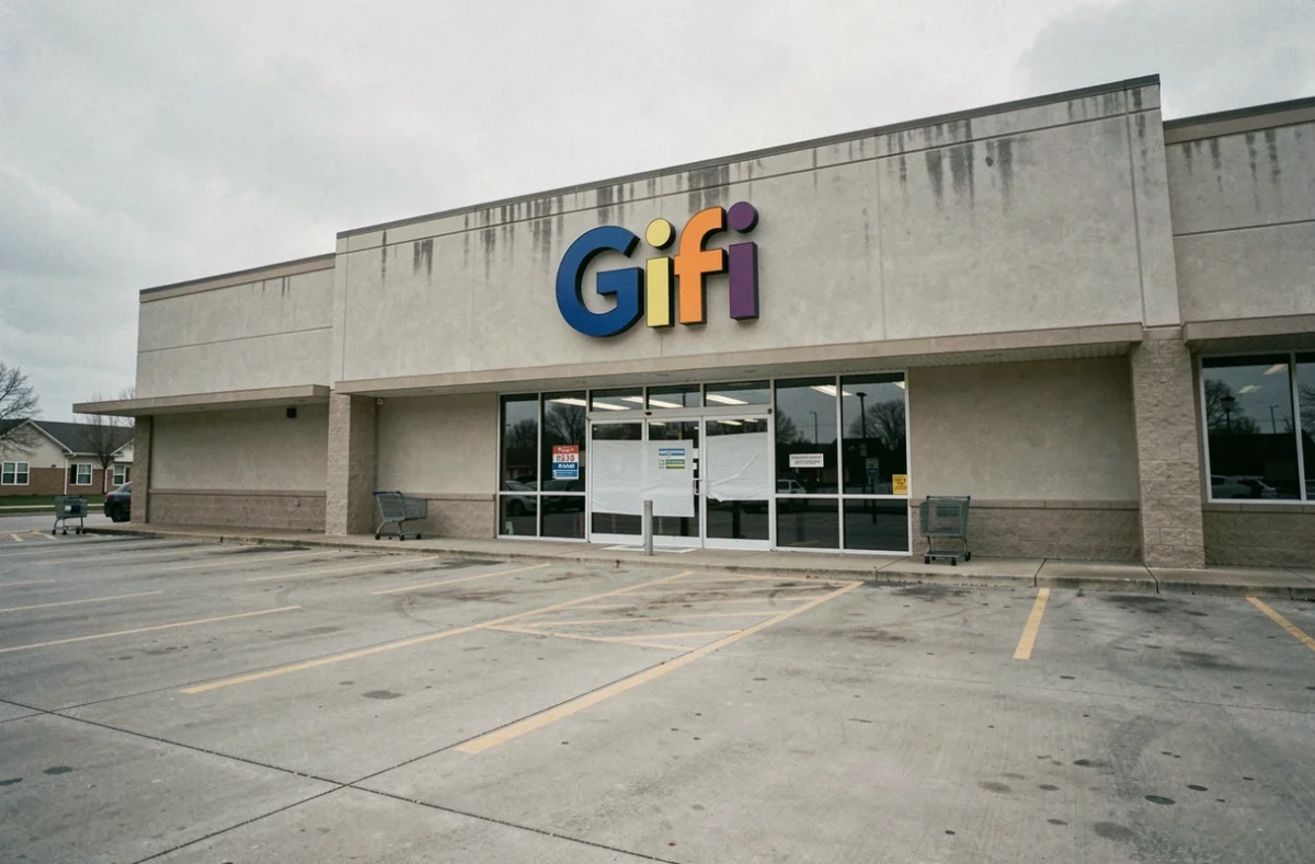 Façade d'un magasin GiFi fermé avec affichette de fermeture sur la vitrine dans une zone commerciale de banlieue