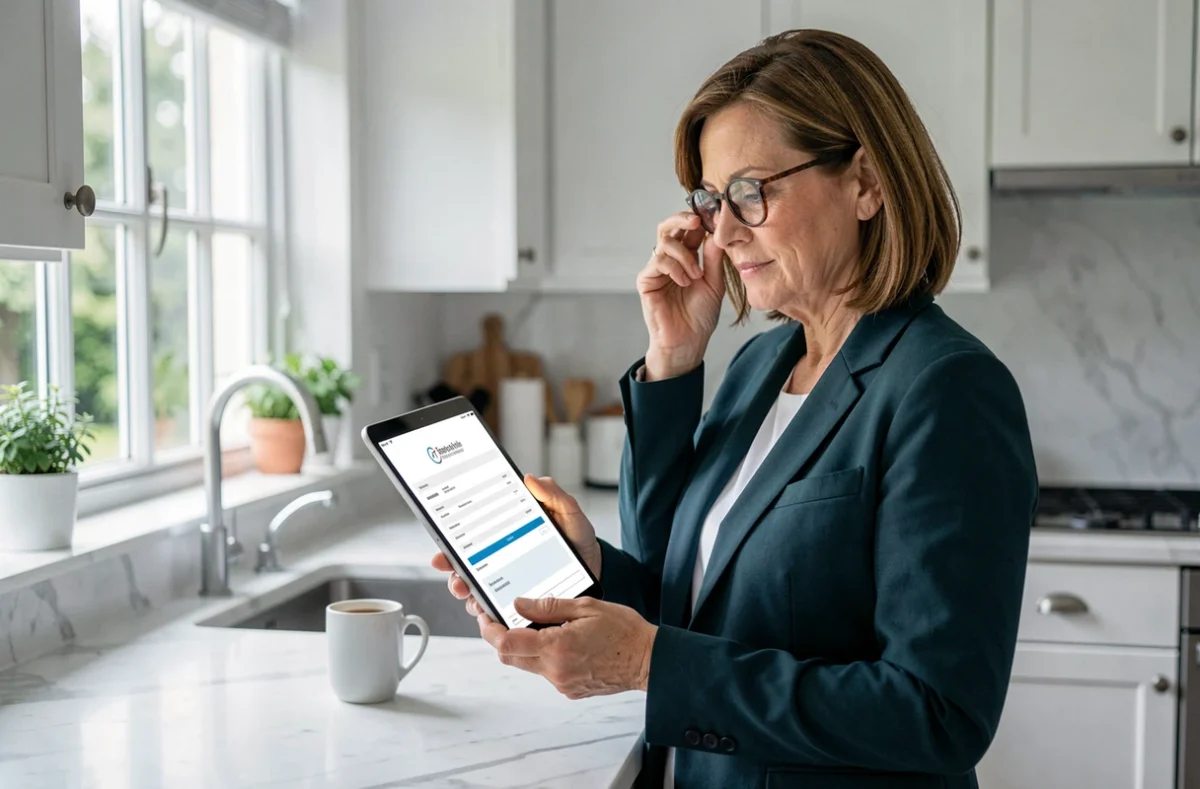 Femme freelance consultant un modèle de devis gratuit sur tablette depuis son domicile