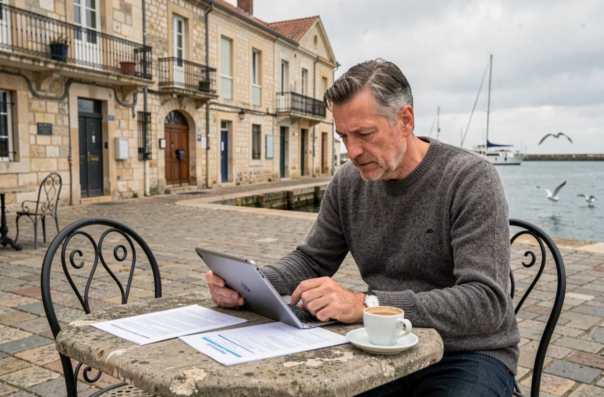 Freelance consultant en portage salarial travaillant en terrasse au Vieux-Port de La Rochelle