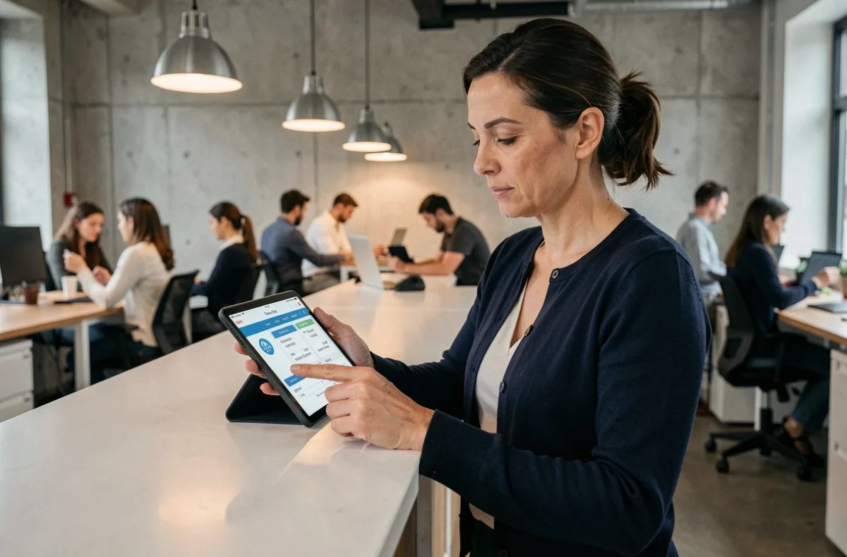 Freelance en portage salarial consultant une simulation de frais de gestion sur tablette dans un bureau moderne