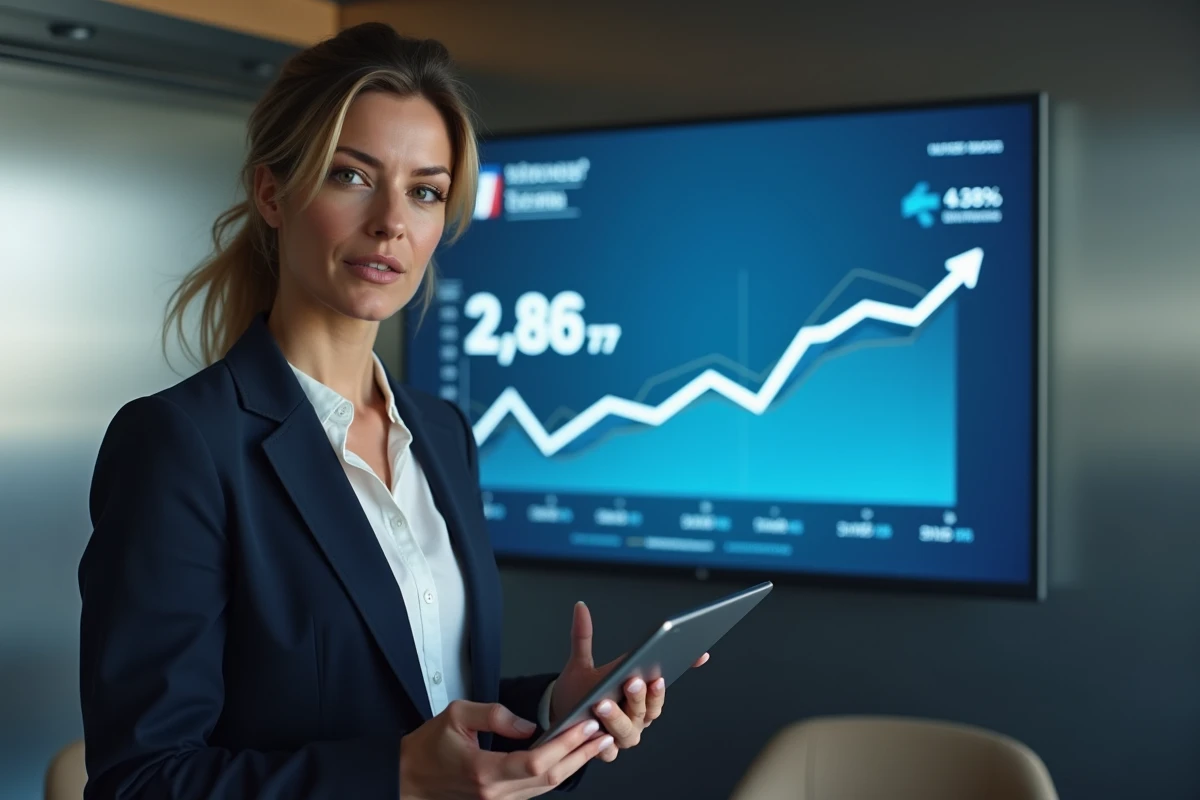 Femme entrepreneur présentant des données de levée de fonds French Tech devant un écran dans une salle de conférence moderne à Paris