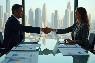 Deux dirigeants d'entreprise concluant un accord de fusion-acquisition dans une salle de réunion moderne à Dubaï avec vue sur la skyline