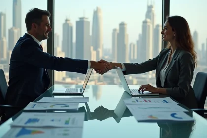 Deux dirigeants d'entreprise concluant un accord de fusion-acquisition dans une salle de réunion moderne à Dubaï avec vue sur la skyline