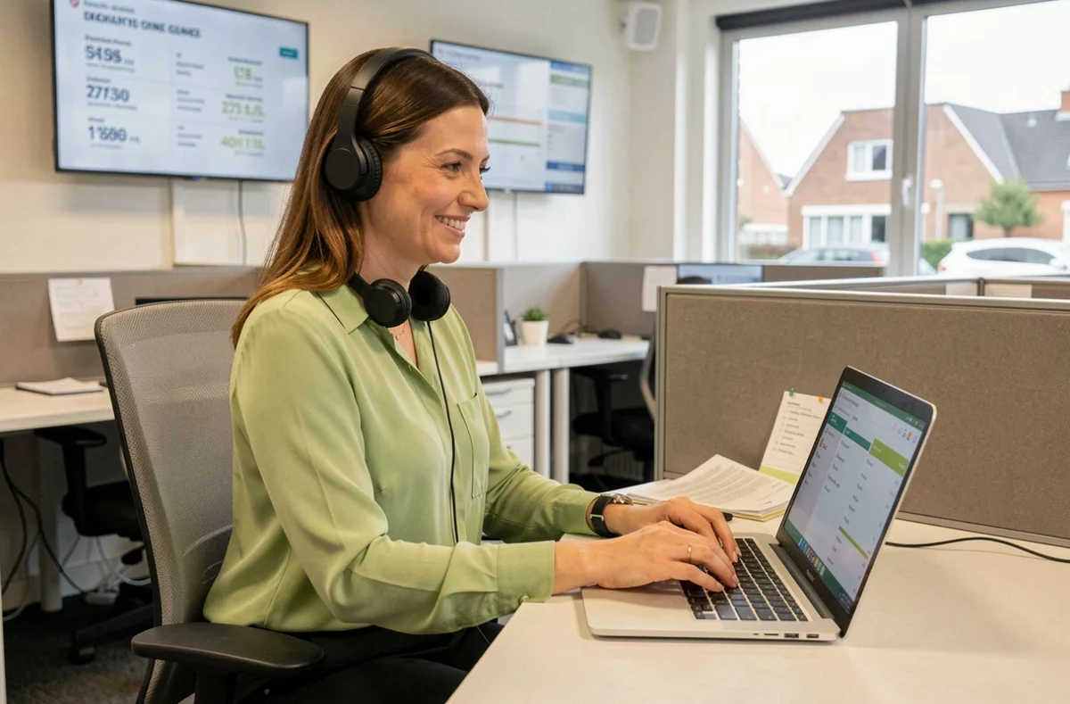 Chargée de relation client de GenContact travaillant sur un logiciel CRM dans un open space d'agence digitale moderne