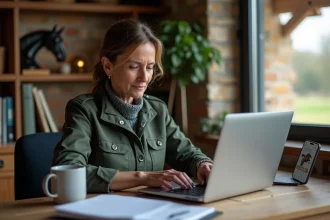 Femme gérant des dossiers de chevaux dans un bureau
