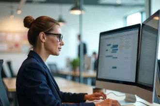 Professionnelle en blazer navy gérant son planning de rendez-vous sur un extranet en entreprise