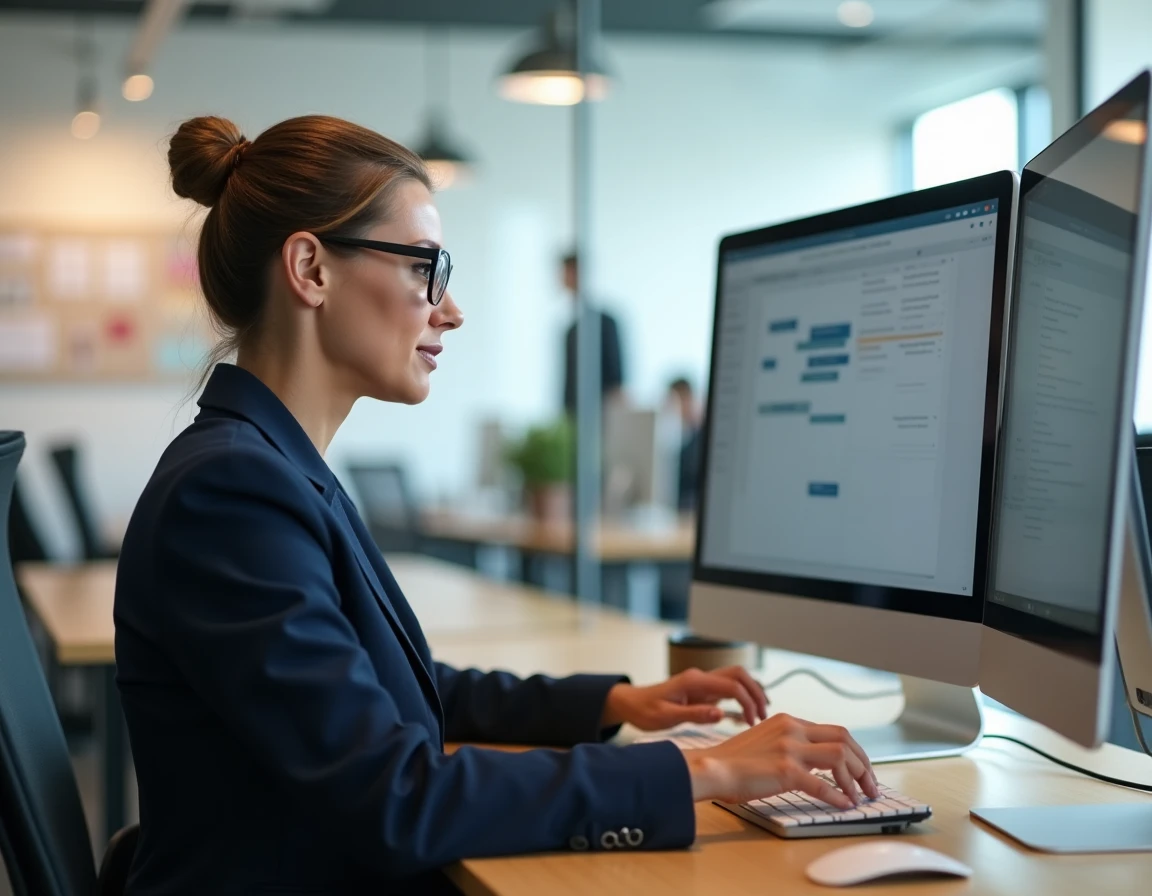 Professionnelle en blazer navy gérant son planning de rendez-vous sur un extranet en entreprise