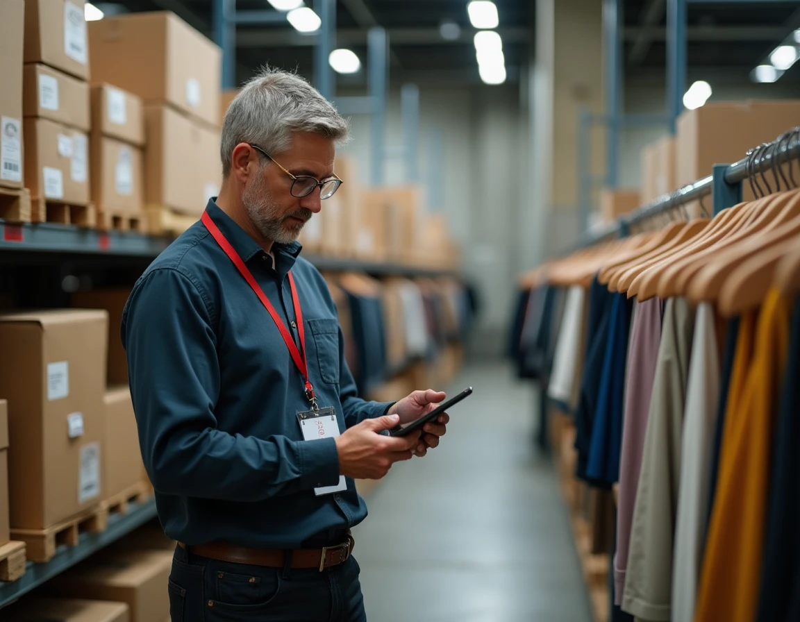 Responsable de magasin H&M consultant une tablette dans un entrepôt de stockage de vêtements