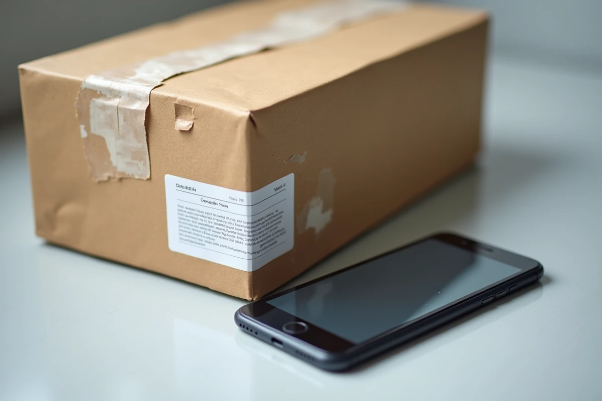 Gros plan d'un colis abîmé et d'un smartphone pour documenter une anomalie en vue d'un remboursement Lieusaint