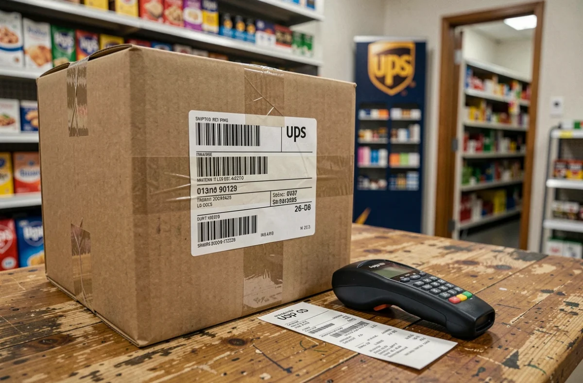 Gros plan sur un grand colis UPS posé sur le comptoir d'un point relais avec étiquette d'expédition et scanner