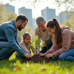 Groupe divers plantant des jeunes arbres dans un parc