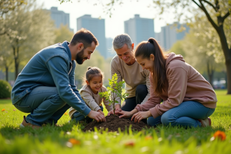 Groupe divers plantant des jeunes arbres dans un parc