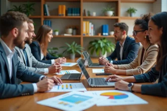 Groupe de collègues en réunion dans un bureau moderne