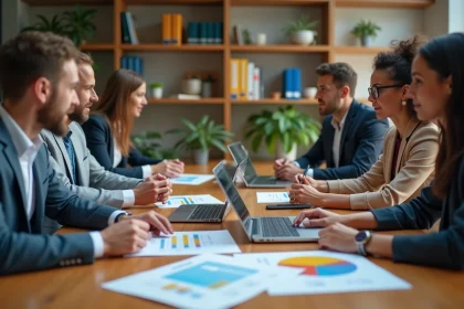 Groupe de collègues en réunion dans un bureau moderne