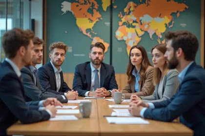 Groupe de professionnels en réunion dans un bureau moderne