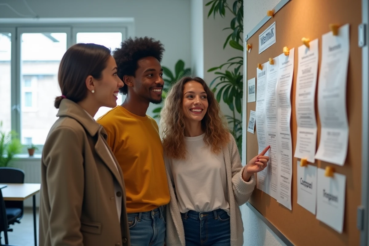 Jeunes professionnels discutant près d un panneau d affichage